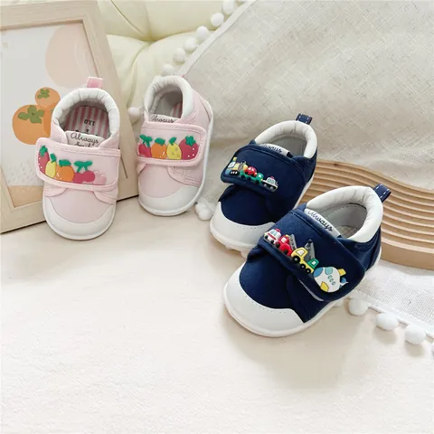 Baby Lauflernschuhe Weiche Sohle Segeltuch Kleinkinderschuhe Mit Cartoon Auto Frucht Dekoration Klettverschluss Sneaker