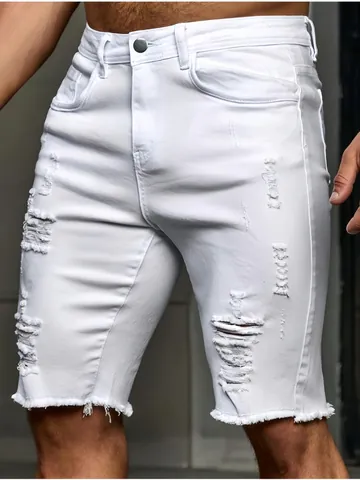 Men's Distressed Denim Shorts Slim Fit Ripped Jean Shorts With Frayed Hem Casual Summer Stretch Cotton Shorts For Men