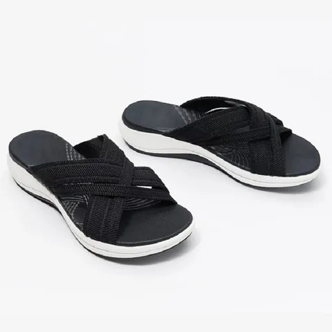 Damen Sommer Lässig Keilabsatz Plateau Pantoletten Flyknit Kreuzgurt Offene Zehe Strand Sandalen Atmungsaktive Weiche Sohle Schuhe