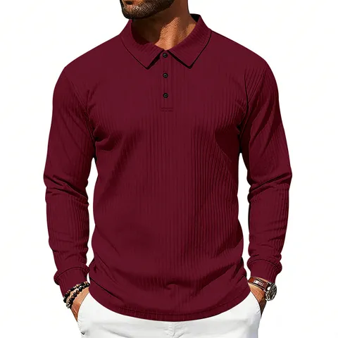 Men Long Sleeve Polo Shirt Business Casual Turn-down Collar Ribbed Jacquard Texture Loose American Style Polyester Top