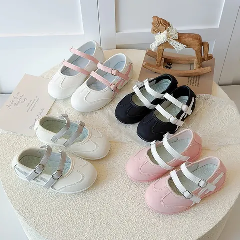 Kids Casual Mary Jane Shoes Patchwork Mesh Flat Round Toe Sneakers For Boys Girls Non-Slip Soft Sole Breathable Walking Shoes