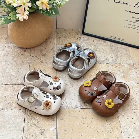 Mädchen Cartoon Hohl T-Riemen Sandalen Mikrofaserleder Atmungsaktiv Lässig Schuhe Für Kleinkinder Kinder Beige Silber Braun