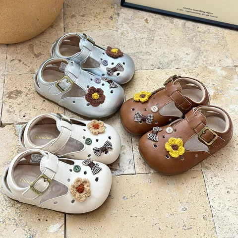 Mädchen Cartoon Hohl T-Riemen Sandalen Mikrofaserleder Atmungsaktiv Lässig Schuhe Für Kleinkinder Kinder Beige Silber Braun