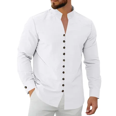 Men Stand Collar Long Sleeve Shirt American Casual Ethnic Style Top Polyester Solid Color Non-Iron Fashion Apparel