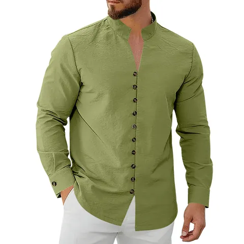 Heren Retro Opstaande Kraag Casual Overhemd Polyester Etnische Stijl Ruime Pasvorm Lange Mouw Knop Top Voor Vakantie