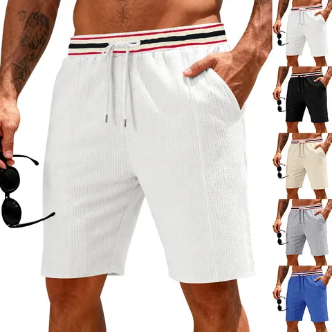 Waffle Texture Men's Quick Dry Sports Shorts Loose Breathable Running Training Bottom With Striped Drawstring Waistband Vacation Shorts