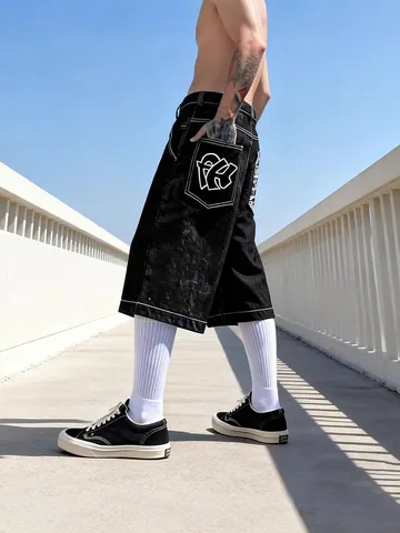 Men American Retro Embroidered Jeans Summer Hip Hop Wide Leg 3/4 Length Denim Pants Contrast Stitching Baggy Short Trousers
