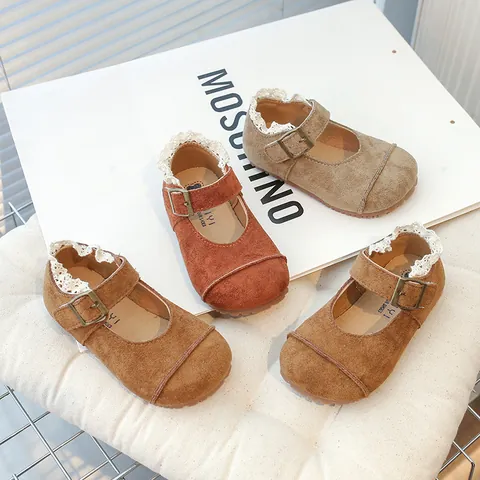 Girls Sweet Vintage Matte Mary Jane Shoes Lace Border Round Toe Casual Princess Shoes For Toddlers Kids