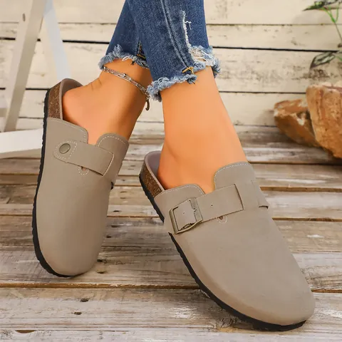 Mules Style Birkenstock pour Femmes Bout Fermé Sabots Plats Semelle Épaisse Sandales en Liège Casual Confort Simili Cuir Boucle Métal