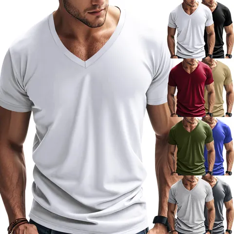 Men's Quick Dry Breathable V-Neck Short Sleeve T-Shirt Muscle Slim Fit Sporty American Style Casual Solid Color Polyester Top