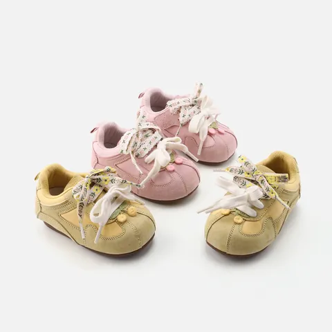 Girls German Trainer Sneakers Breathable Microfiber Suede Patchwork Board Shoes Floral Lace Up Anti Slip Soft Sole Kids Sport Shoes