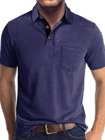 Polo Informal de Manga Corta para Hombre Con Cuello en Contraste Y Bolsillo en El Pecho Top de Poliéster Patchwork Ropa Diaria