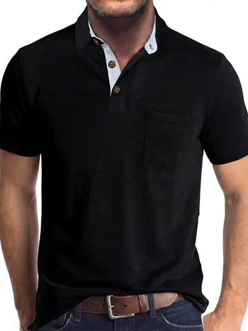 Polo Informal de Manga Corta para Hombre Con Cuello en Contraste Y Bolsillo en El Pecho Top de Poliéster Patchwork Ropa Diaria