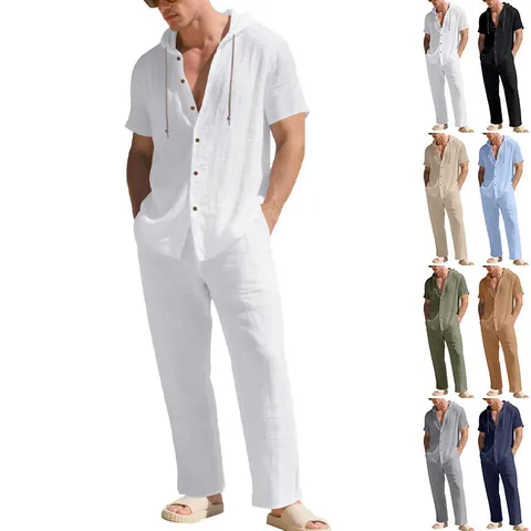 Men's Casual Linen Summer Set Hooded Short Sleeve Shirt And Straight Leg Pants Relaxed Fit Beach Vacation Outfit
