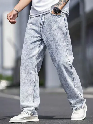 Heren Hemelblauw Snow Wash Katoen Jeans Ruime Rechte Pijpen Elastische Denim Broek Casual Streetwear Vier Seizoenen Broek