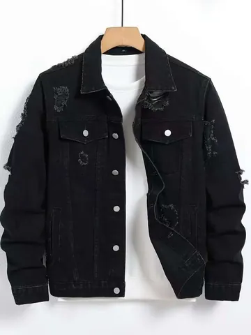 Men's Distressed Black Denim Jacket Streetwear Loose Cargo Work Utility Coat Solid Cotton Blend Single Breasted Outerwear Top