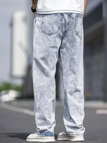 Heren Hemelblauw Snow Wash Katoen Jeans Ruime Rechte Pijpen Elastische Denim Broek Casual Streetwear Vier Seizoenen Broek