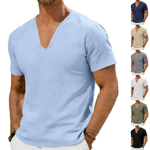 Summer Men Casual Linen T-Shirt Deep V-Neck Short Sleeve Loose Top Solid Color Breathable Base Layer Slub Tee Top