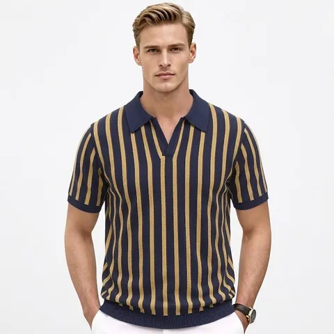 Men Business Casual Knitted Striped Polo Shirt Short Sleeve Viscose Pullover Summer Vertical Stripe V Neck Polo Top