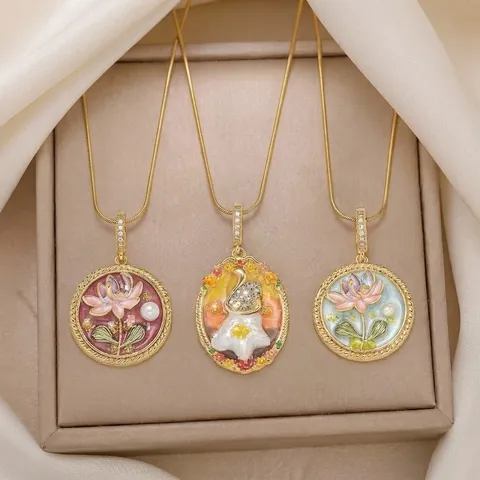 French Vintage Enamel Floral Pendant Necklace For Women Titanium Steel Gold Plated Freshwater Pearl Zirconia Jewelry Gift