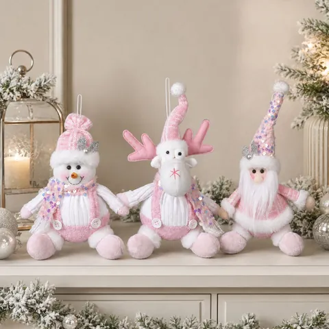 Ornamenti per Bambole di Peluche di Natale con Paillettes Rosa Simpatico Pupazzo di Neve Renna Babbo Natale Gnomo Decor