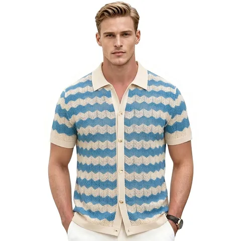 Men's Knitted Polo Shirt Viscose Fiber Short Sleeve Pointelle Mesh Breathable Wavy Striped Button Up Cardigan Casual Summer Top