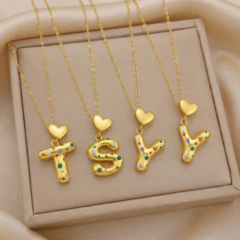 Hip Hop Titanium Steel Heart Colorful Zirconia Alphabet Pendant Necklace For Women Gold English Letter Initial Jewelry Gift