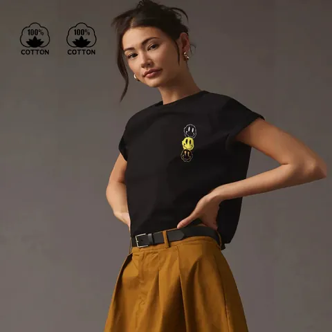 Maglietta da Donna 100% Cotone Girocollo Manica Corta Moda Stampa Grafica Faccina che si Scioglie Top Estivo Casual