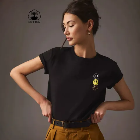 Maglietta da Donna 100% Cotone Girocollo Manica Corta Moda Stampa Grafica Faccina che si Scioglie Top Estivo Casual