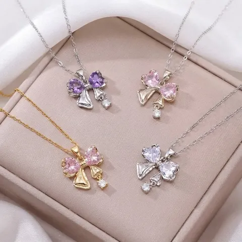 Elegant Stainless Steel Bow Heart Zirconia Pendant Necklace For Women Sweet Fashion Zircon Inlaid Chain Necklace Daily Jewelry Gift