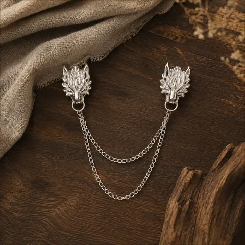 Vintage Alloy Wolf Head Double Chain Collar Pin Brooch For Men Women Suit Shirt Accessories Gold Silver Plated Jewelry