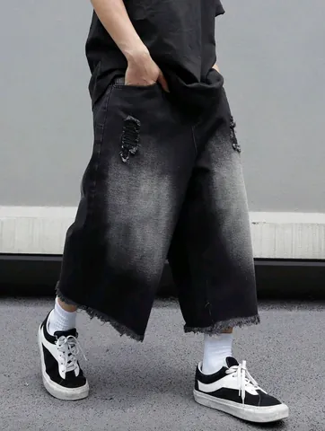 Pantaloncini in Denim Uomo American Vintage Lavato Distressed Bordo Sfilacciato Pantaloni Capri Sfumati Streetwear Larghi Casual