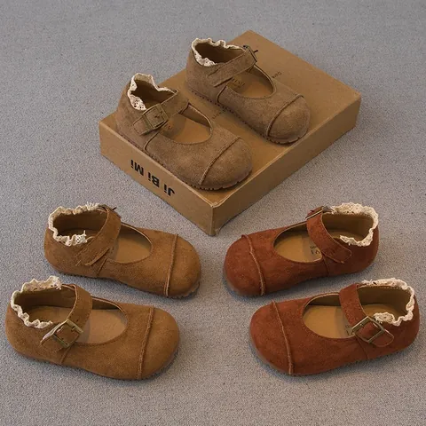 Girls Mary Jane Princess Shoes Faux Leather Toddler Flats With Lace Trim Retro Metal Buckle Soft Sole Kids Footwear