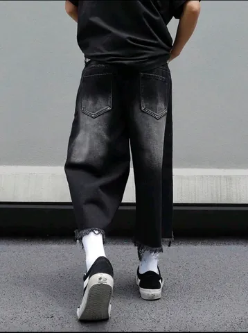 Pantaloncini in Denim Uomo American Vintage Lavato Distressed Bordo Sfilacciato Pantaloni Capri Sfumati Streetwear Larghi Casual