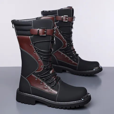 Men's Retro Motorcycle Boots High Top Punk Martin Boots Faux Leather Lace Up Buckle Strap Boots With Metal Toe Cap