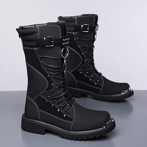 Men's Retro Motorcycle Boots High Top Punk Martin Boots Faux Leather Lace Up Buckle Strap Boots With Metal Toe Cap