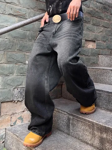 Men American Vintage Gradient Washed Wide Leg Jeans Distressed Baggy Curved Denim Pants Streetwear Loose Long Trousers