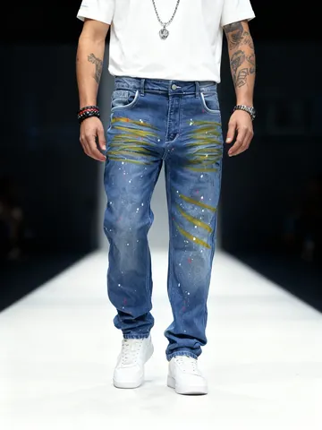 Pantaloni Jeans da Uomo Streetwear con Schizzi di Vernice Gamba Dritta Blu Chiaro Lavati in Cotone Denim Casual per Giovani