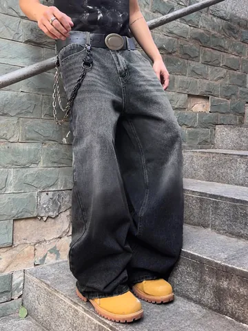 Men American Vintage Gradient Washed Wide Leg Jeans Distressed Baggy Curved Denim Pants Streetwear Loose Long Trousers