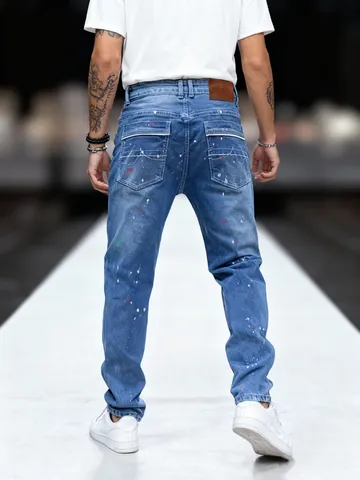 Pantaloni Jeans da Uomo Streetwear con Schizzi di Vernice Gamba Dritta Blu Chiaro Lavati in Cotone Denim Casual per Giovani