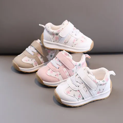 Toddler First Walker Shoes Microfiber Leather Pastoral Floral Soft Sole Non Slip Hook And Loop For Baby Girls Fashion Sneakers