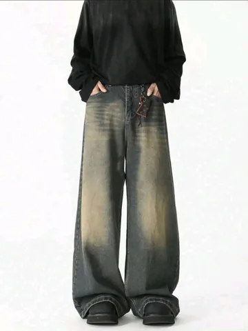 Men American Retro Vintage Wide Leg Flare Jeans Distressed Washed Cotton Denim Baggy Pants Casual Streetwear Youth Jeans