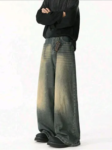 Men American Retro Vintage Wide Leg Flare Jeans Distressed Washed Cotton Denim Baggy Pants Casual Streetwear Youth Jeans