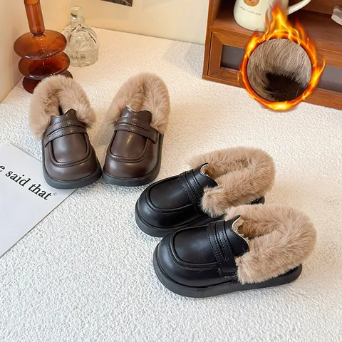 Kids Winter Warm Microfiber Leather Loafers For Girls Artificial Fur Lined Slip On Casual School Shoes Black Brown Children Soft Sole Cotton Shoes