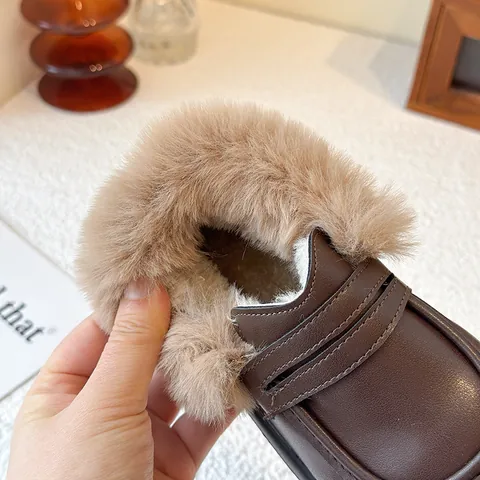 Kids Winter Warm Microfiber Leather Loafers For Girls Artificial Fur Lined Slip On Casual School Shoes Black Brown Children Soft Sole Cotton Shoes