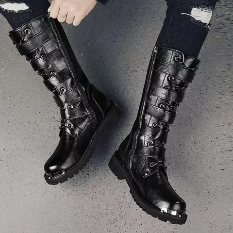 Men Retro Western Cowboy Boots High Top PU Leather Punk Knight Boots With Skull Buckle Straps Waterproof Work Combat Boots