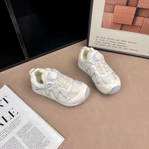 Baskets Enfants avec Bouton Rotatif Maille Respirante Argent Rose Beige Style Dad Shoes Chaussures de Sport Printemps