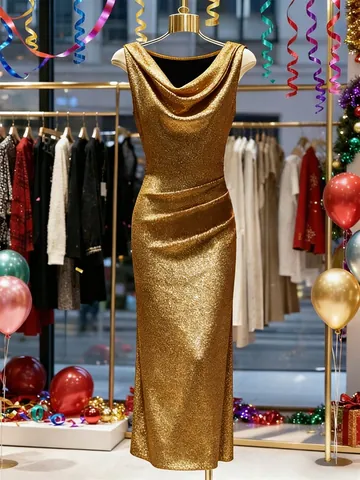 Elegante Vestito Lungo da Sera in Poliestere con Brillantini e Collo ad Anello Donna Senza Maniche Spacco Laterale