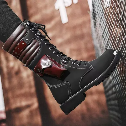 Men Vintage High-top Martin Boots Winter Tactical Outdoor Boots With Side Pocket Metal Toe Cap Anti-slip Rubber Sole Retro Workwear Boots