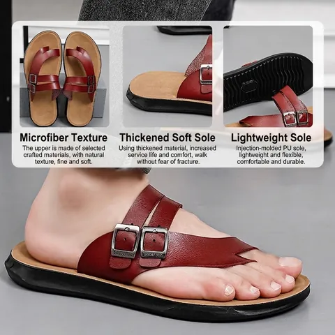 Men's Flip Flops Microfiber PU Leather Sandals New Non-slip Wear-resistant Thong Slippers Beach Shoes Summer Breathable Casual Double Buckle Slide Sandals For Men